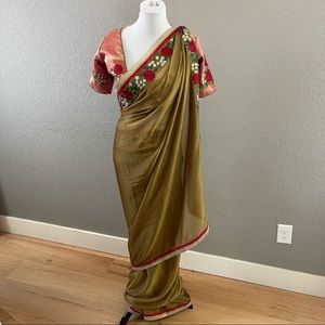 saree dusty rose & olive green gold rose embroidery/application